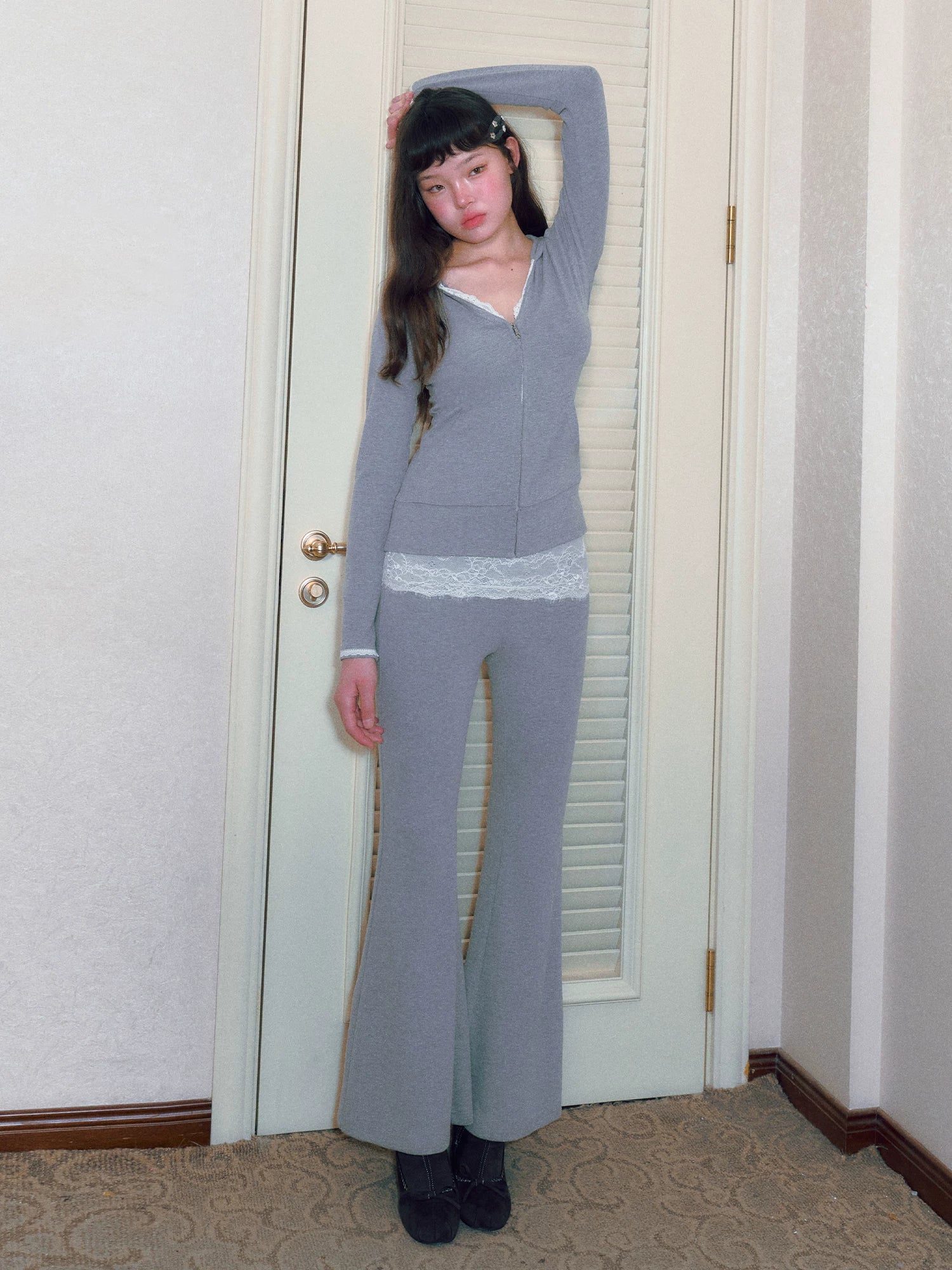 Gray Lace Panel Flared Pants