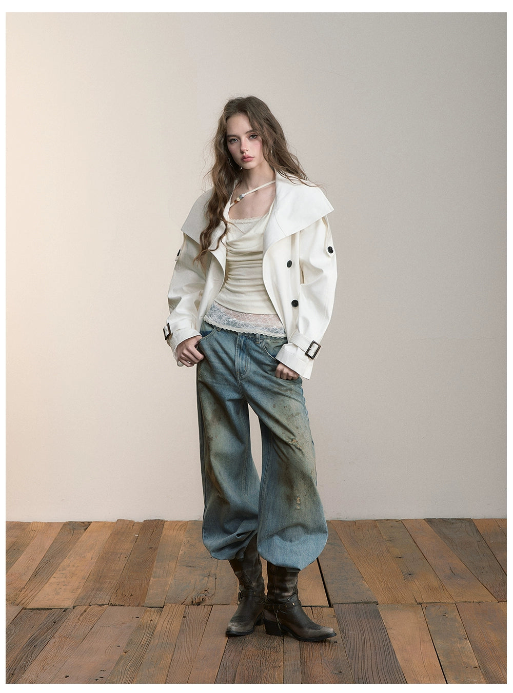 Vintage Pleated Stand Collar Jacket