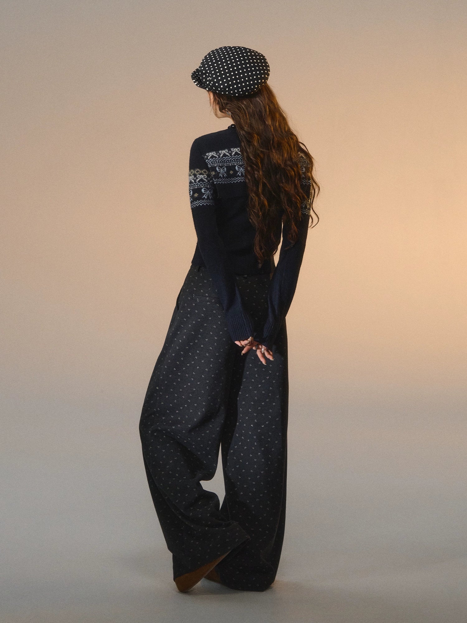 Printed Bow Wool-Blend Tailored Pants