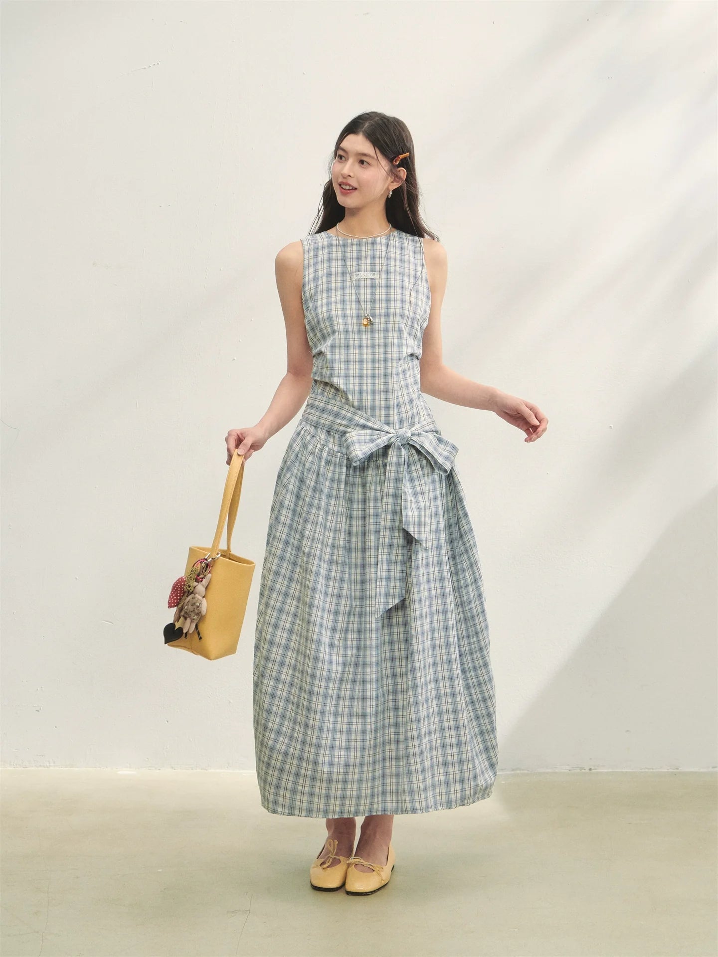 Belted Waist Checked Vest Dress