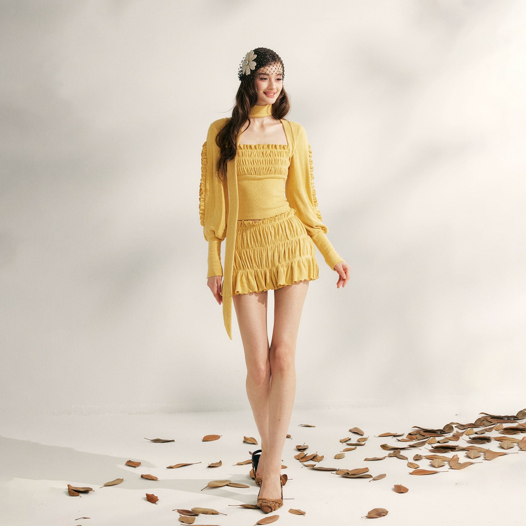 Pleated Ruffle Knit Top & Skirt Set