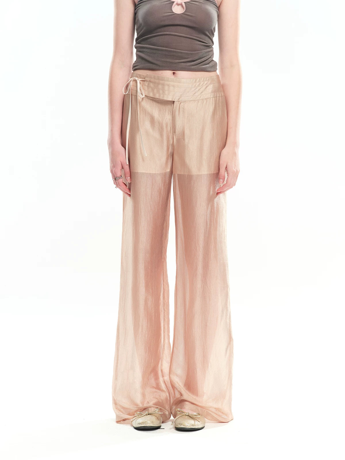 Champagne Acetate Sheer Straight Pants