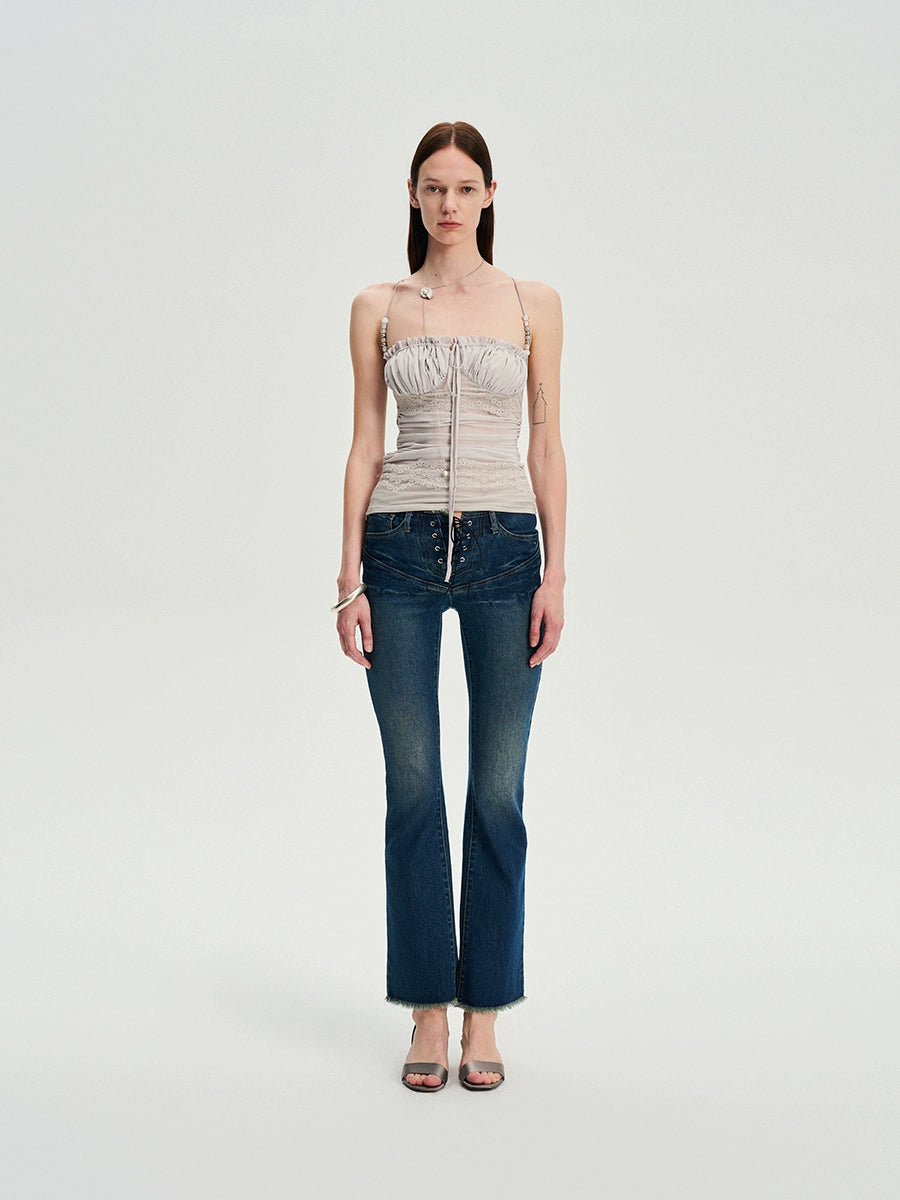 Beaded Strap Lace Splicing Acetate Cami Top