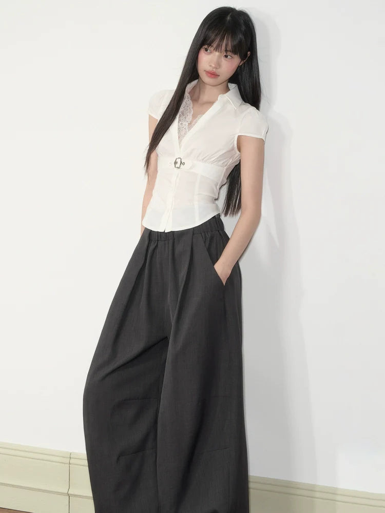 Waist Lace V - neck Shirt