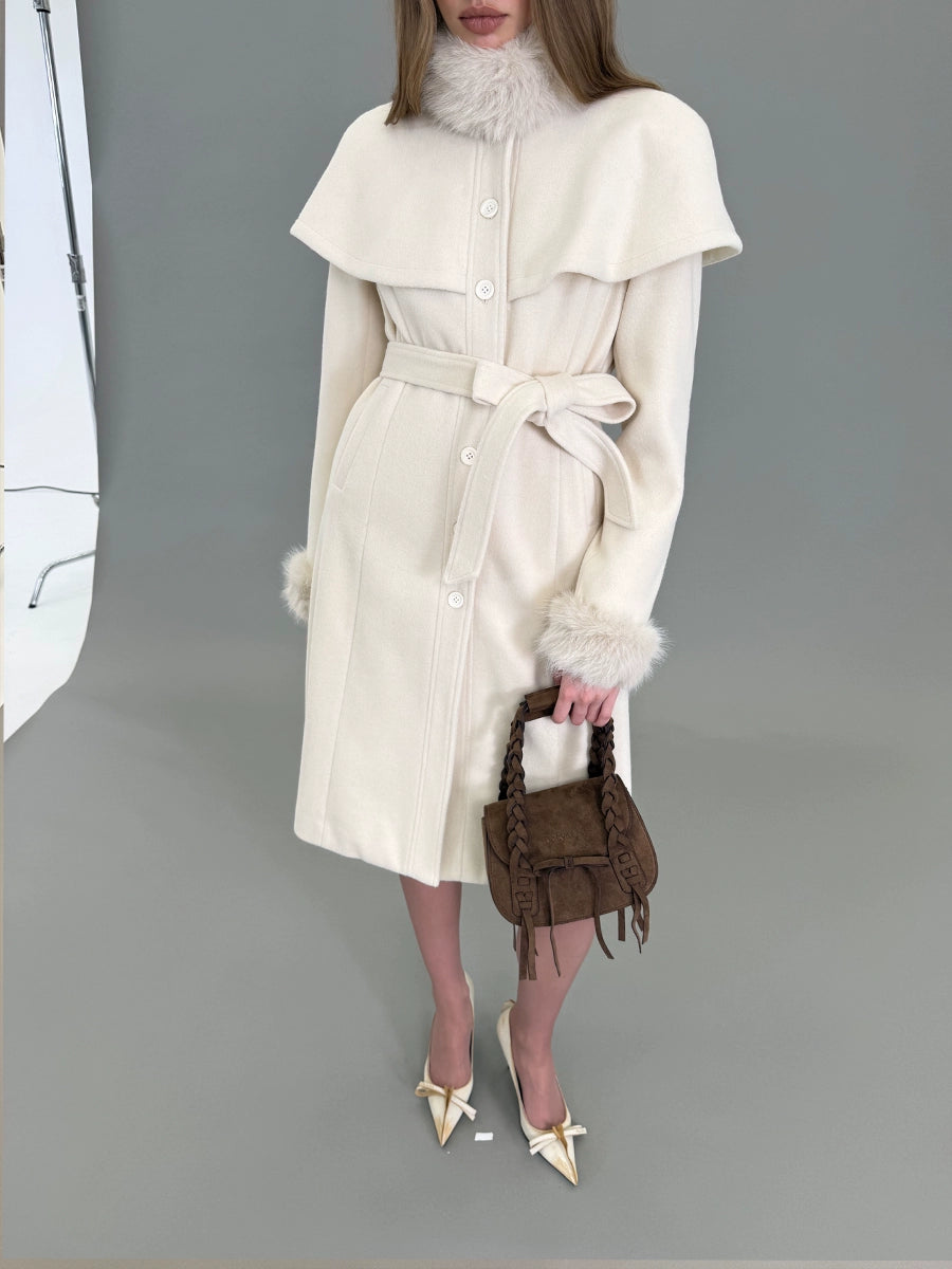 Detachable Fur Collar Cape Coat