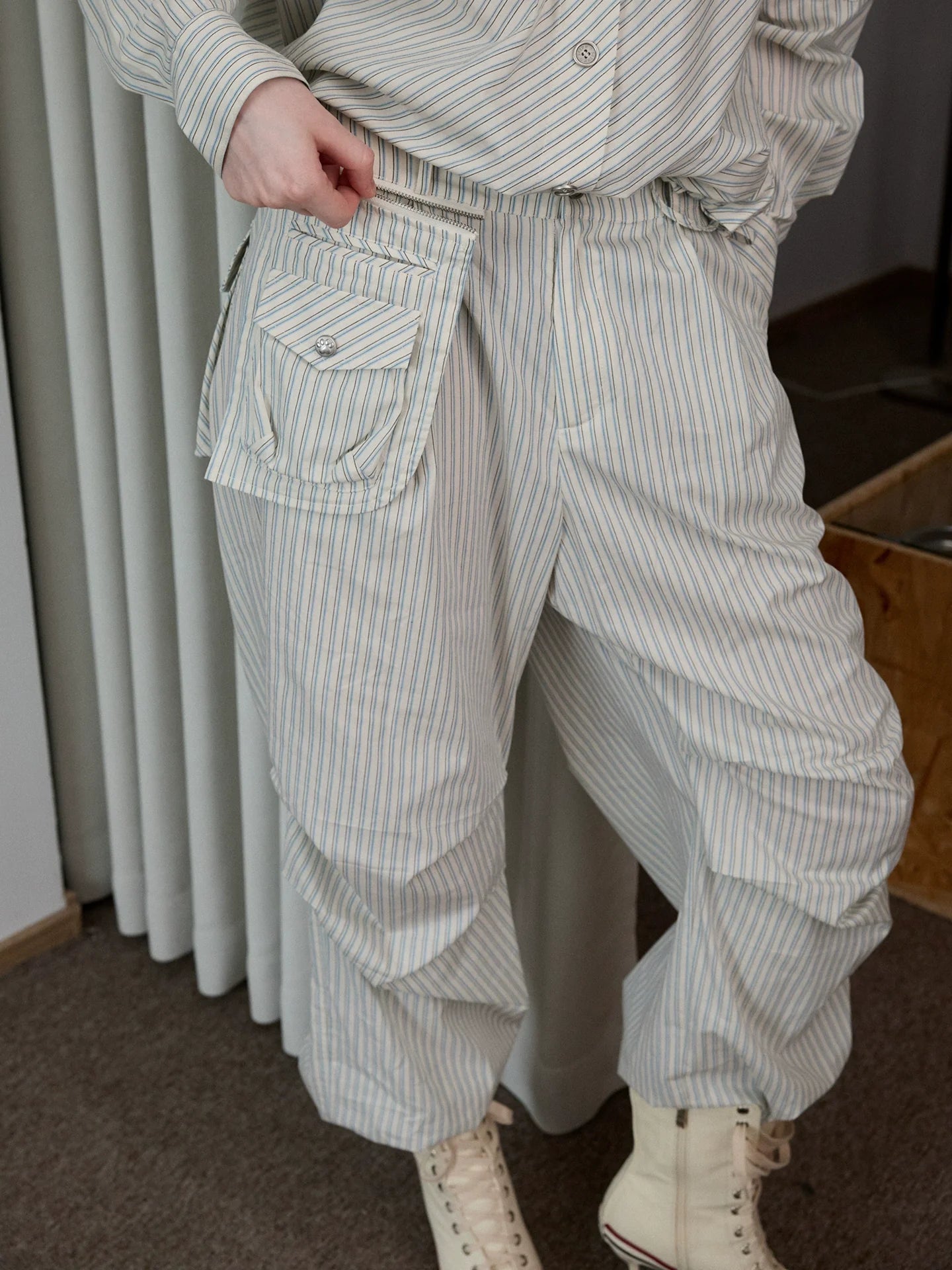 Retro Diagonal Cut Striped Bud Shirt & Cargo Set