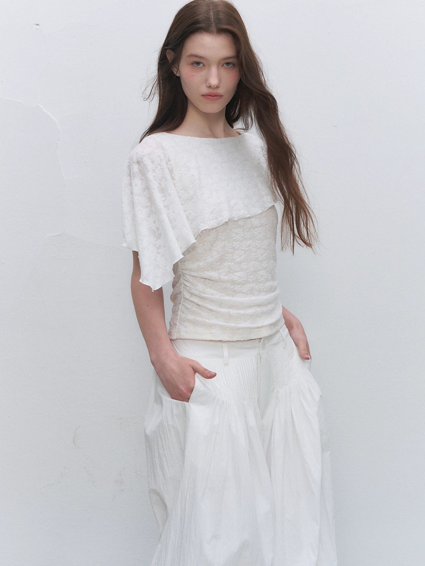 White Jacquard Cape Sleeve Top