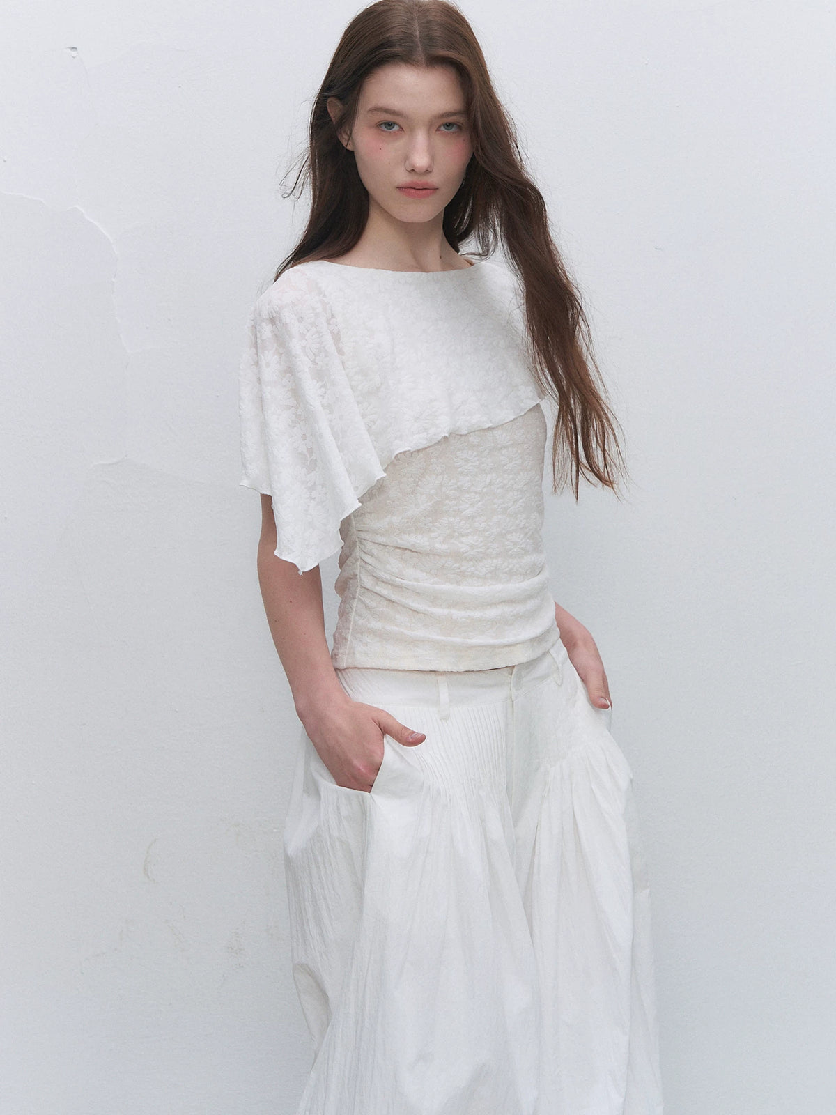 White Jacquard Cape Sleeve Top