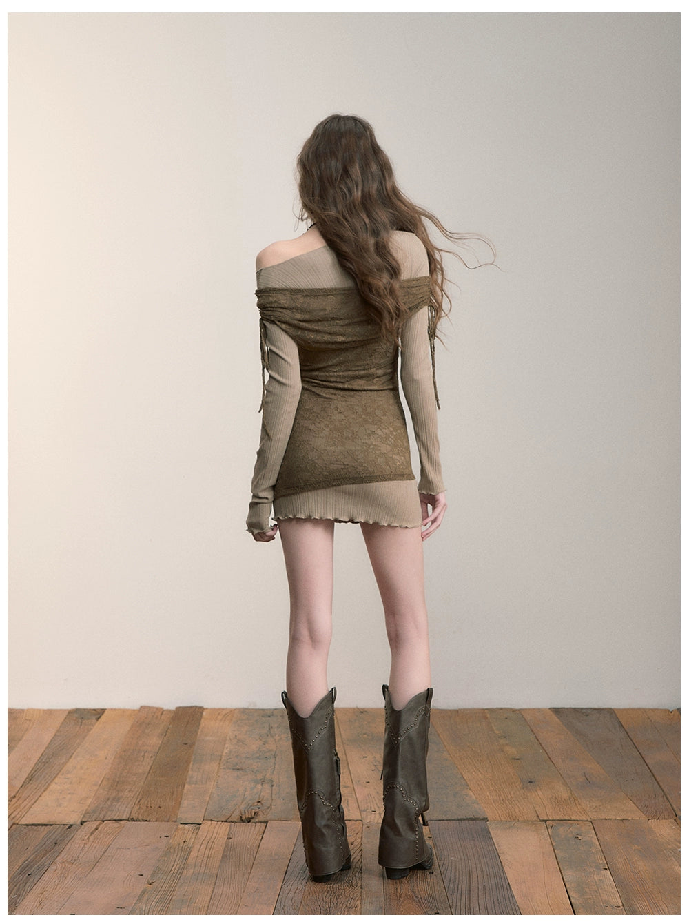 Khaki Colorblock Lace Mini Dress