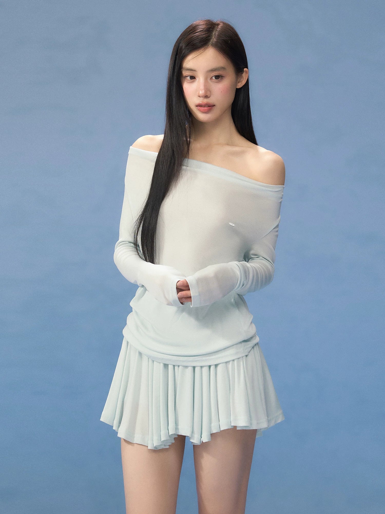 Blue One-Shoulder Blouse & Skirt Set