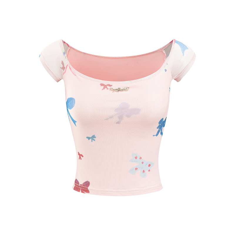 Red Polka Dot & Pink Butterfly Mesh One-shoulder T-shirt