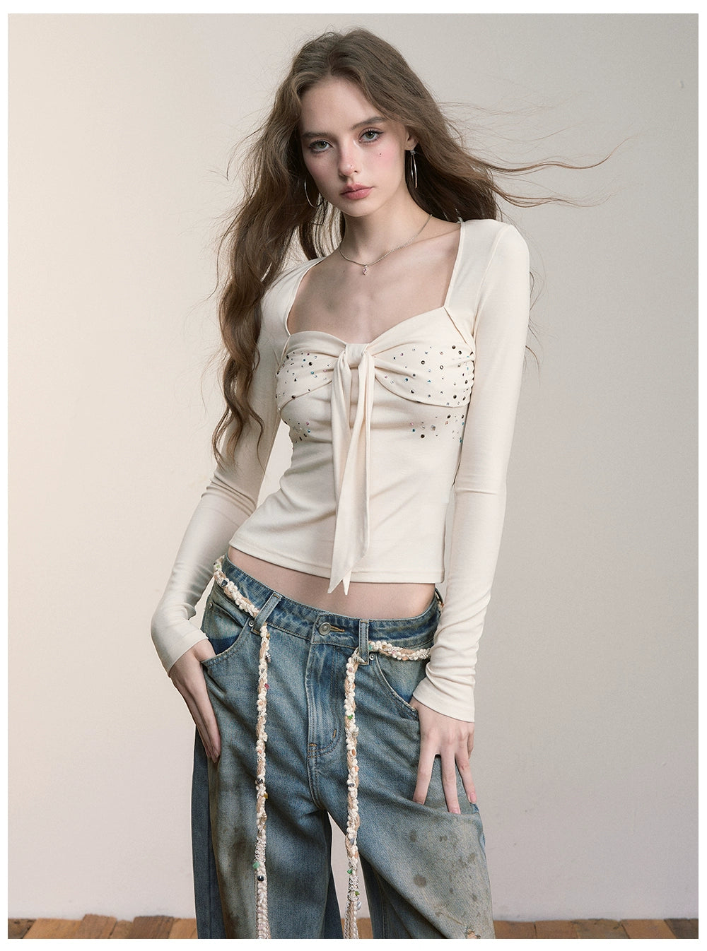 Bow Rhinestone U-neck Blouse