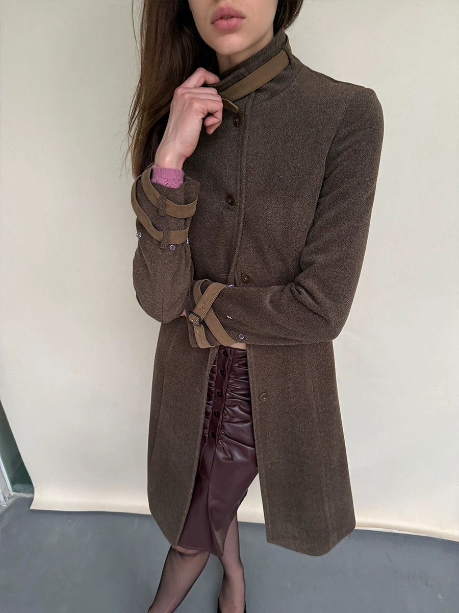 Detachable-Collar Wool-Blend Long Coat