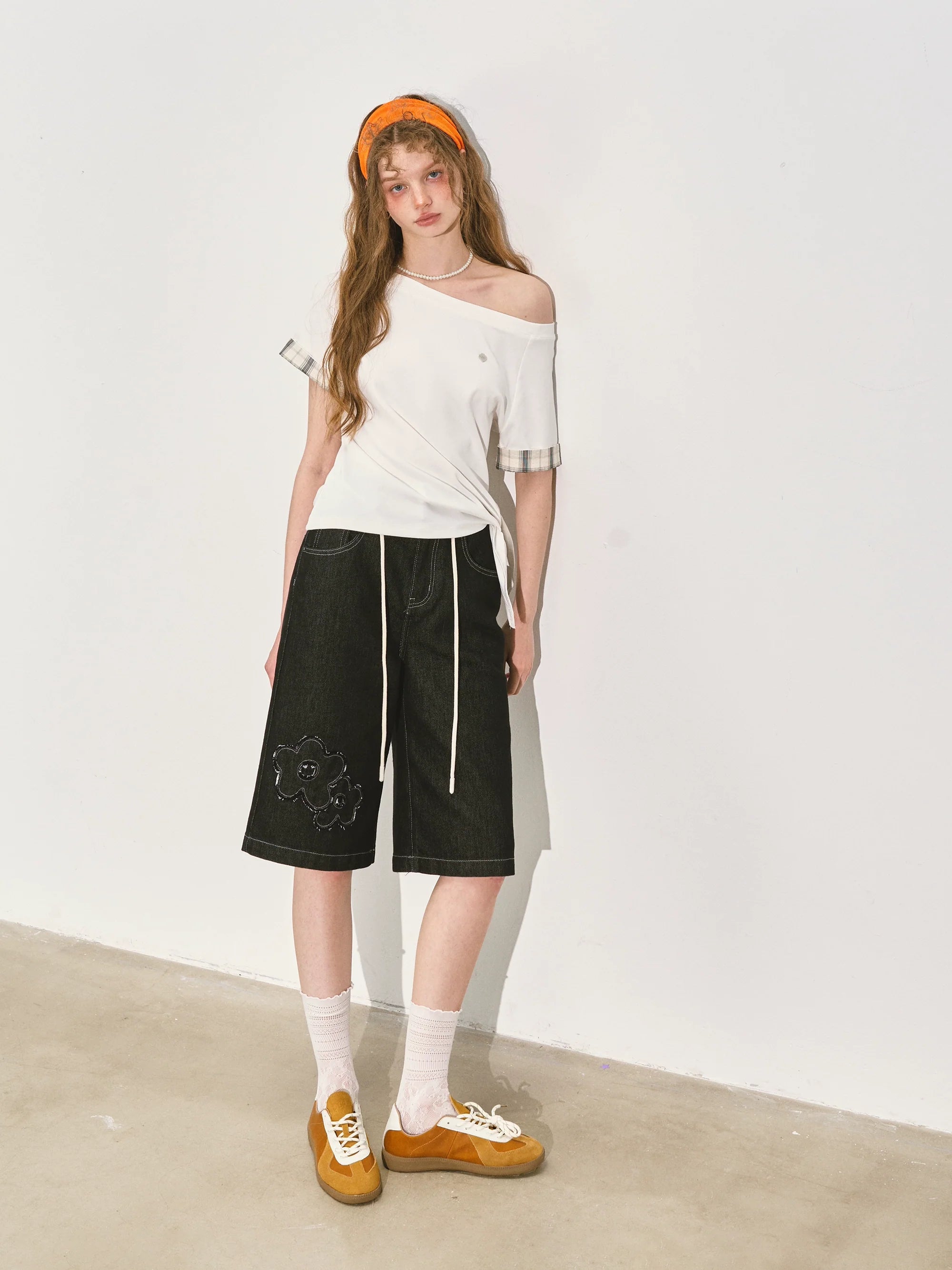 Original Color Raw-edge Floral Denim Shorts