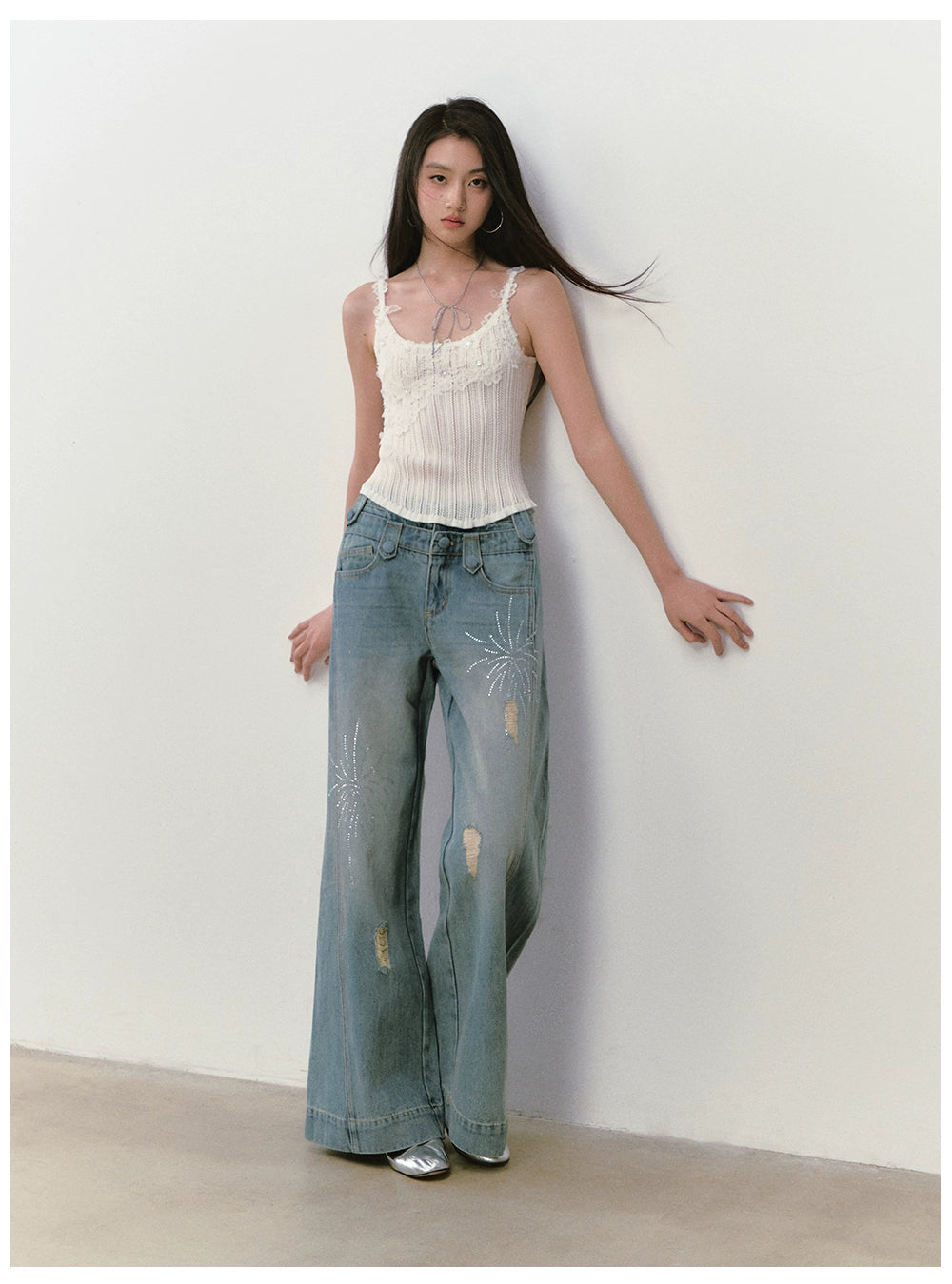 Rhinestone Double-Waistband Straight-Leg Jeans
