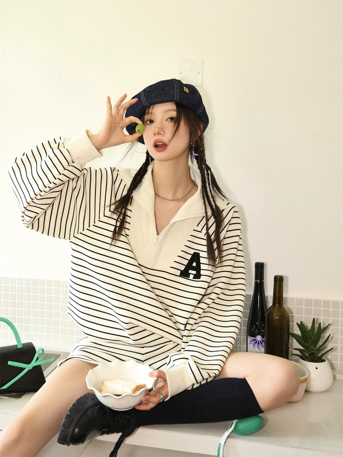 Striped Embroidered Sweatshirt & Shorts Set