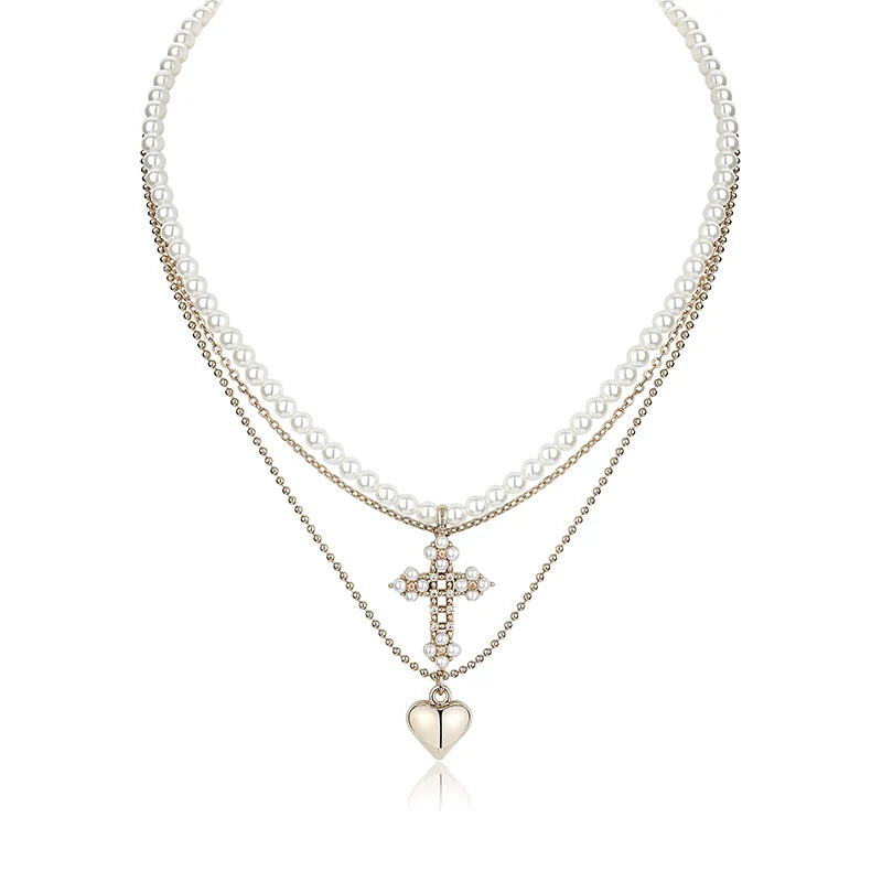 Heart Pearl Cross Necklace Set