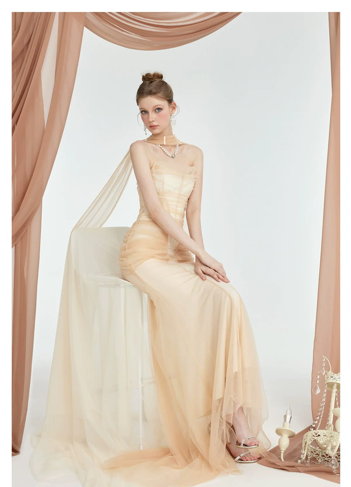 Black & Apricot Tulle Ruffled Slim-fit Strapless Dress
