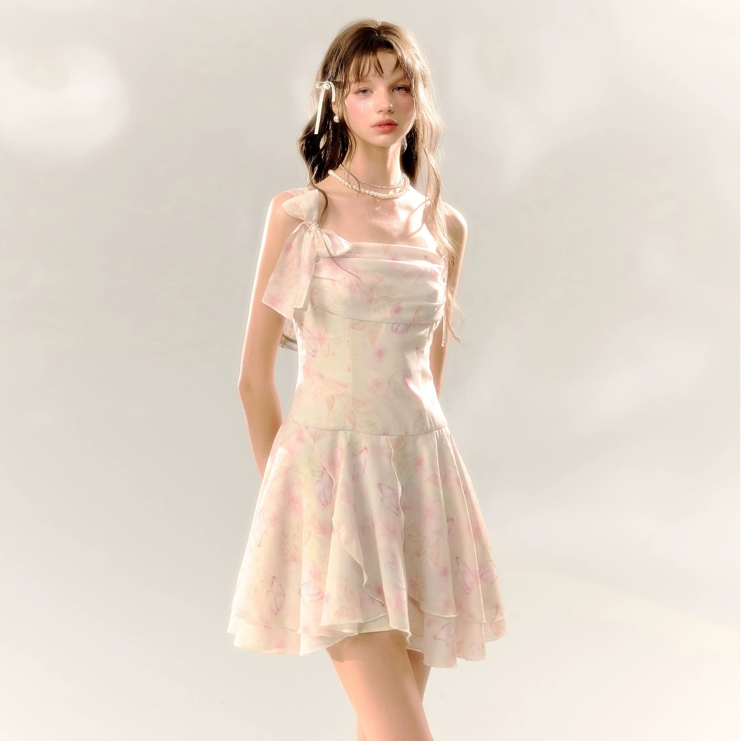 White Butterfly Print Cinched Waist Dress