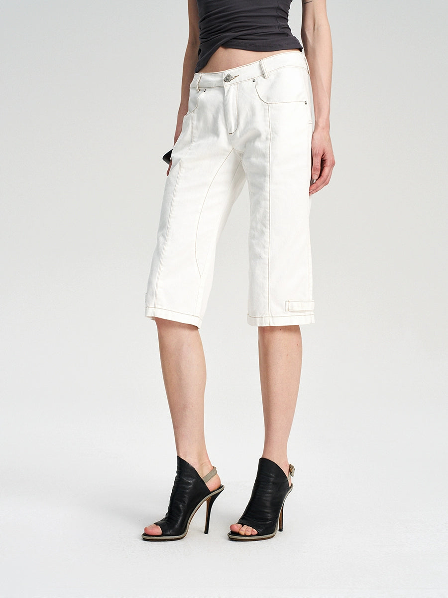 Contrast-Stitch White Cropped Jeans