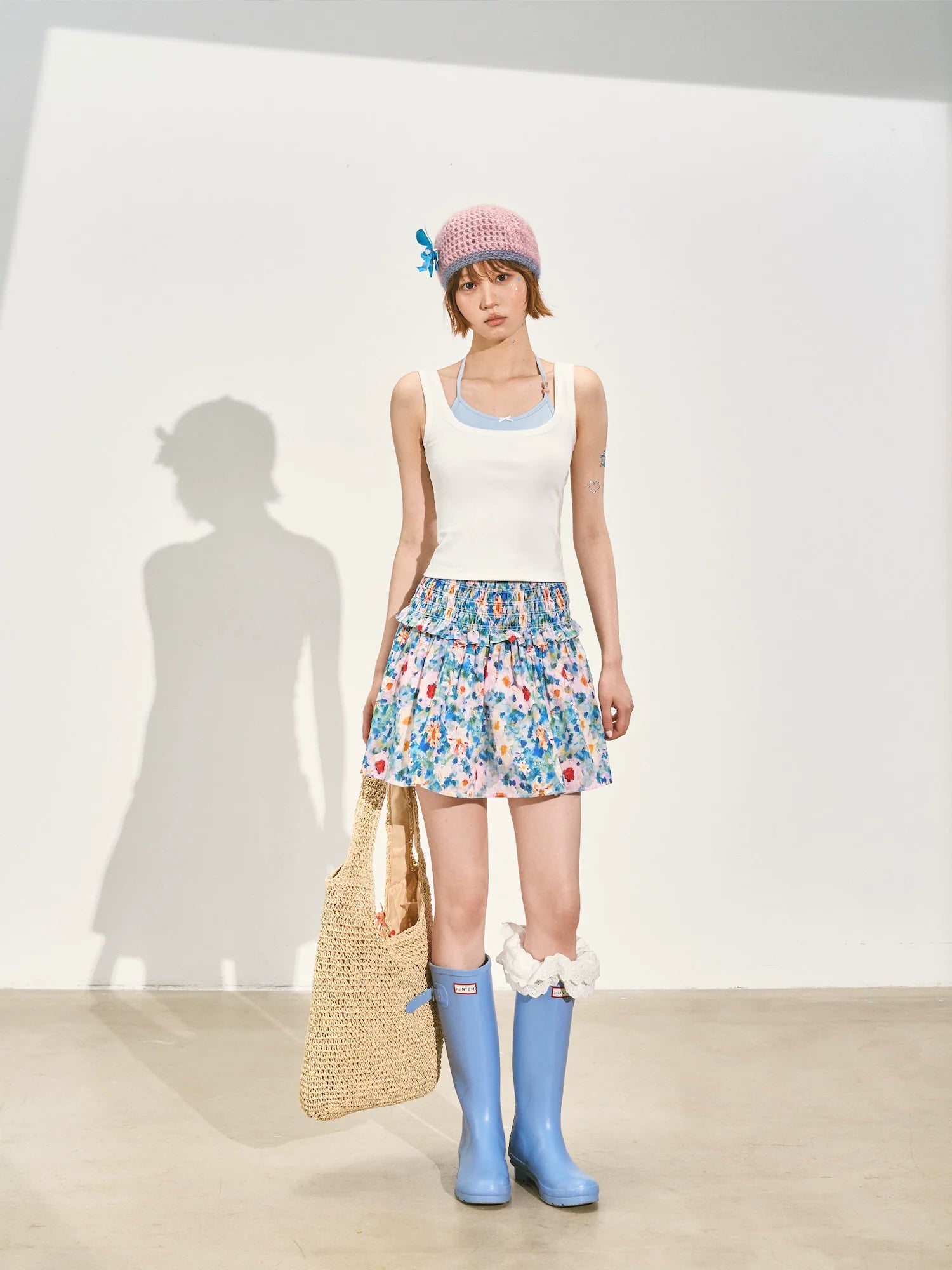 Floral Waist-cinching Slim-fit Midi A-line Skirt