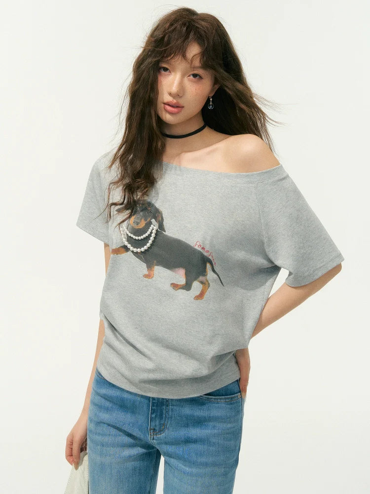 Off-Shoulder Pearl Embroidered Asymmetrical T-shirt