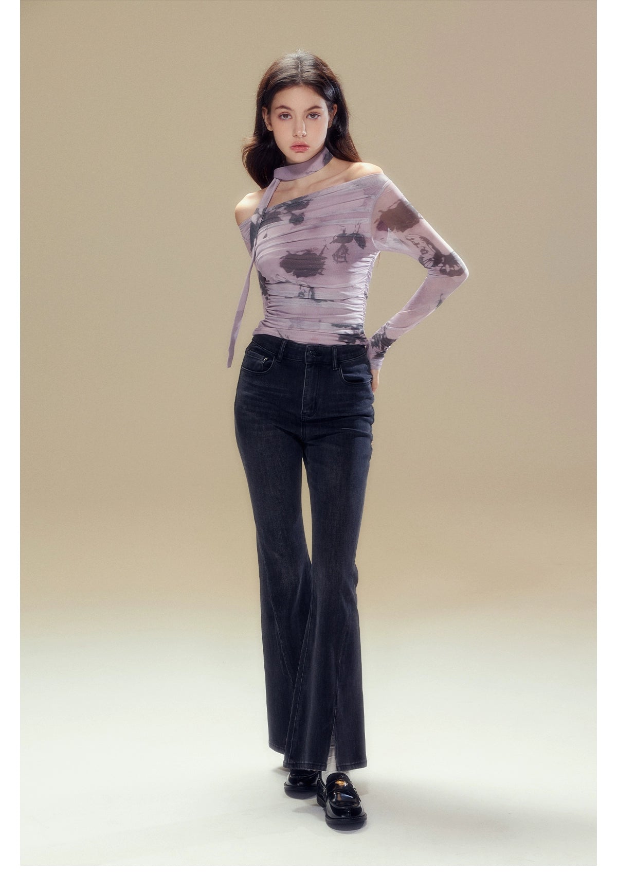 Purple Rose Printed Mesh Long Sleeve T-shirt