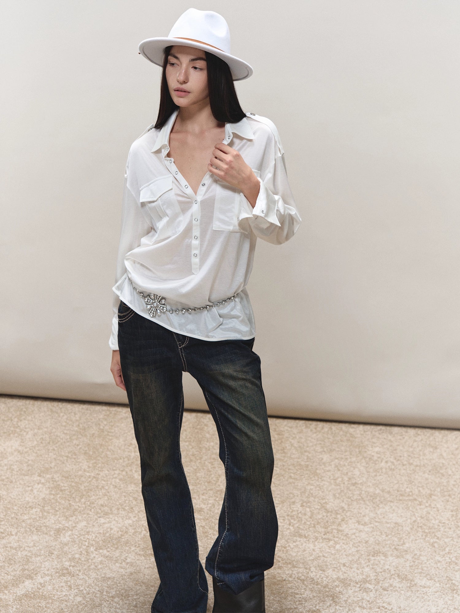 Satin-Sheen Knit Utility Shirt