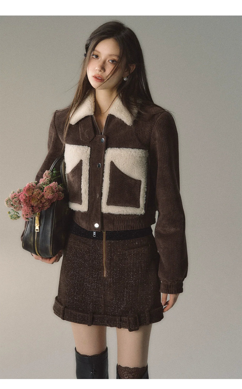Brown Faux Fur Patchwork Short Jacket