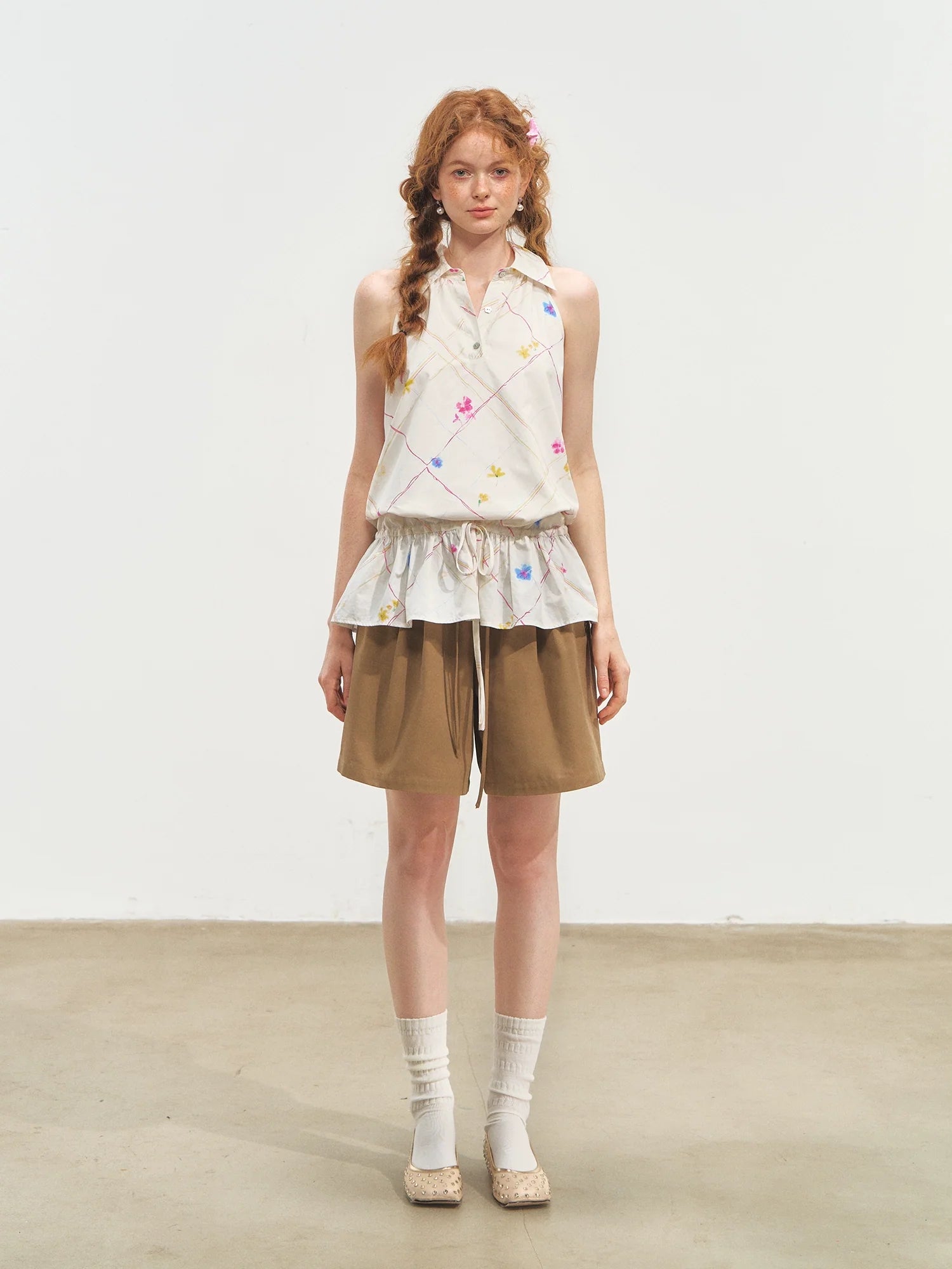 French-Style Printed Sleeveless Halter Tie-Up Top