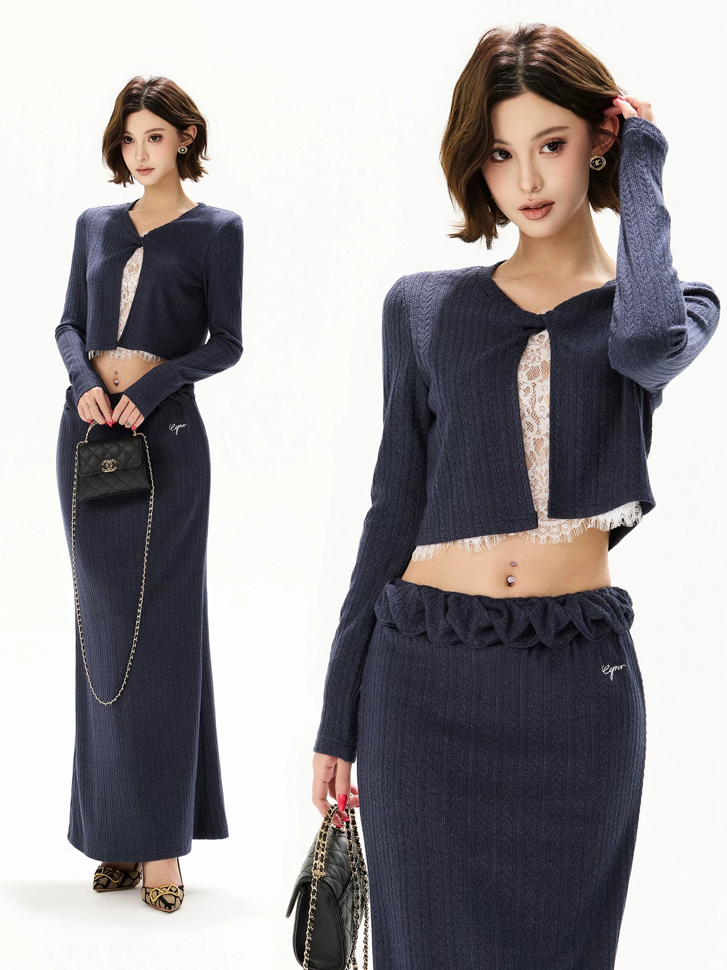 Navy Lace Layered Knit Set