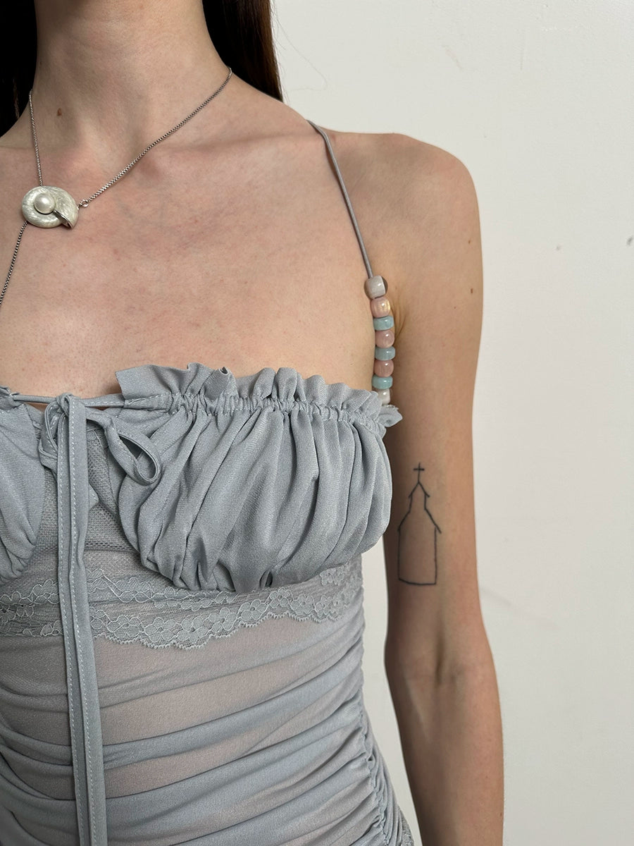 Beaded Strap Lace Splicing Acetate Cami Top