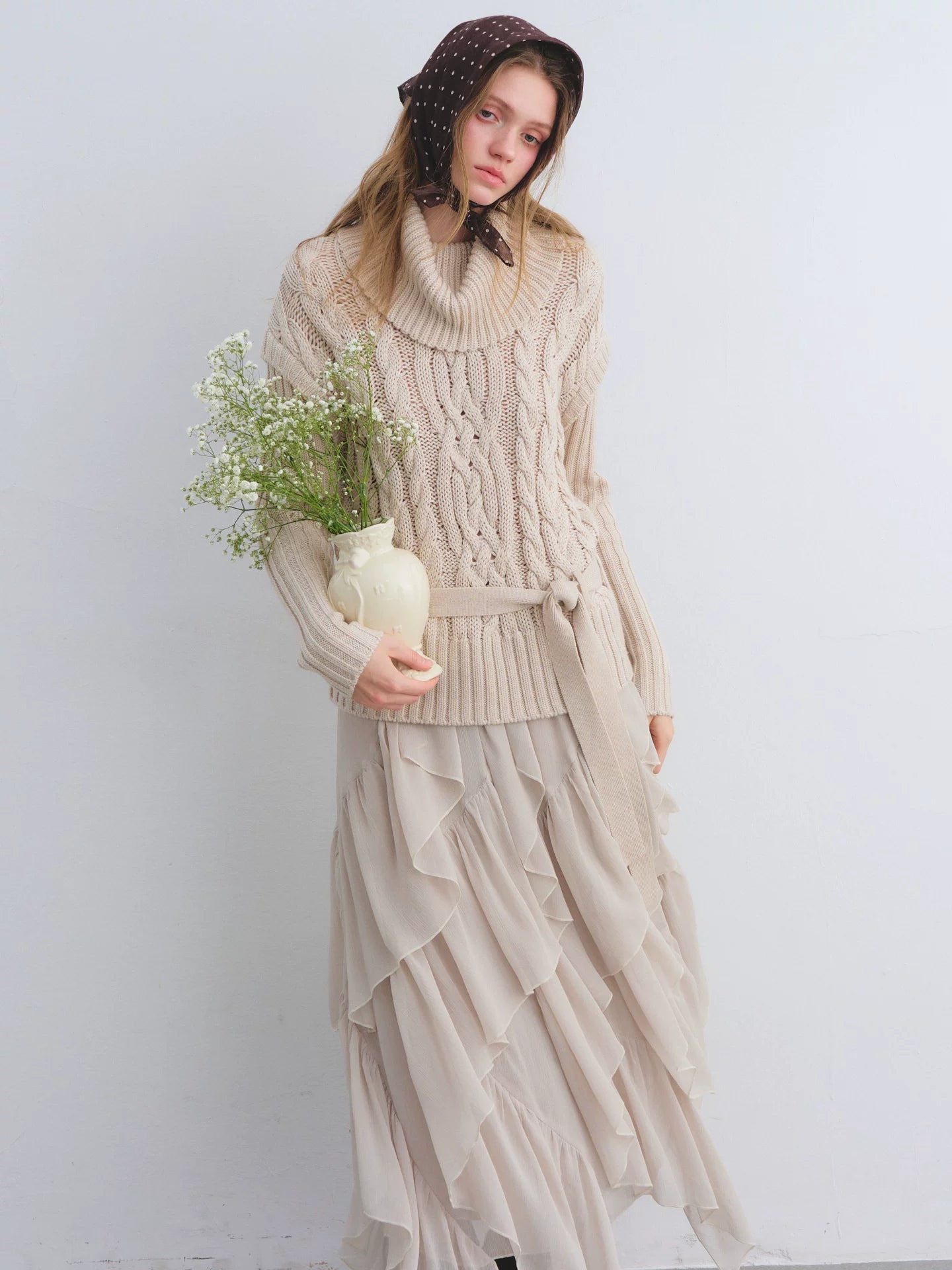 Cable Knit Mock Two-Piece Turtleneck Sweater