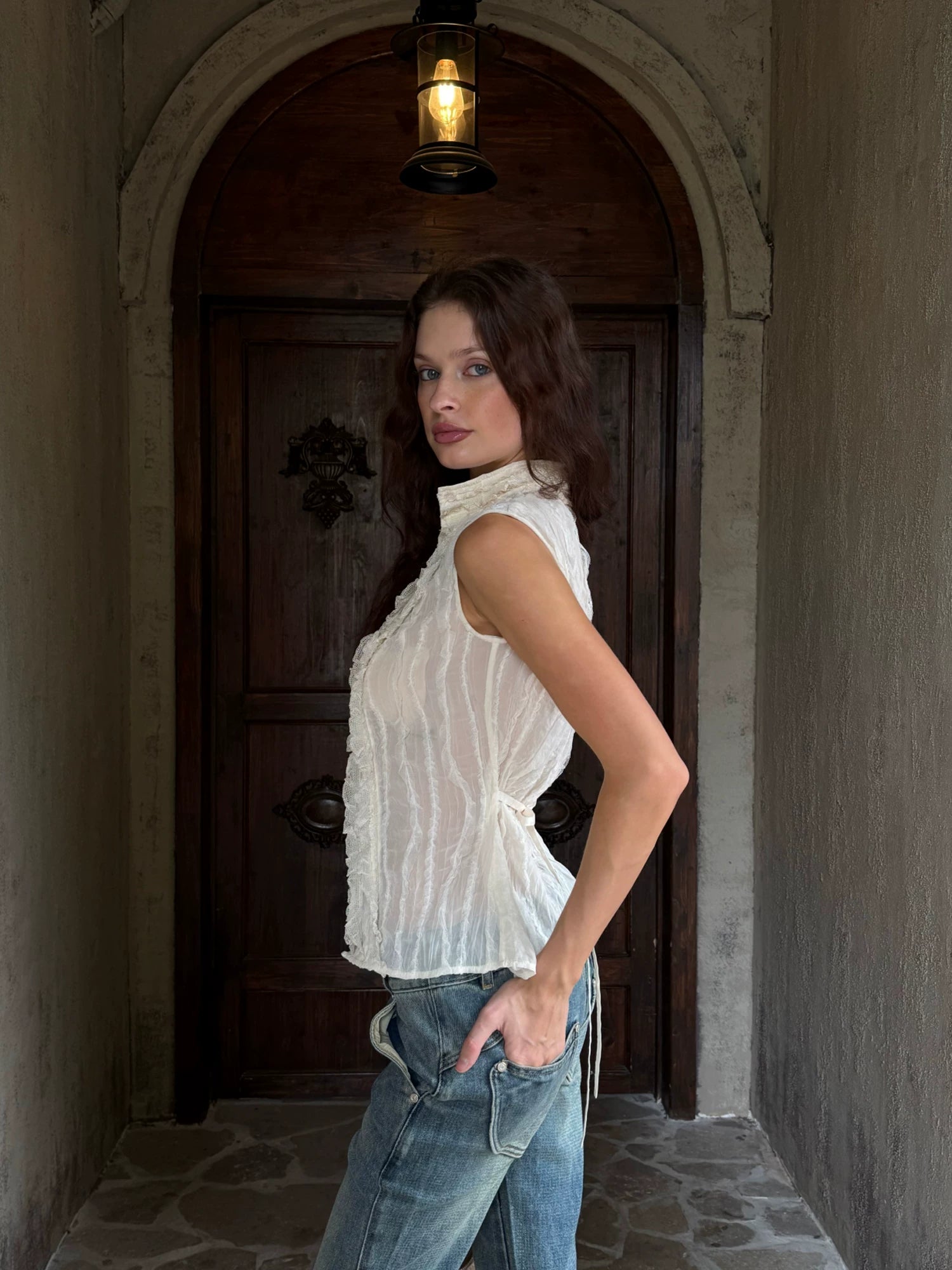 Sleeveless Lace Tie Waist Top