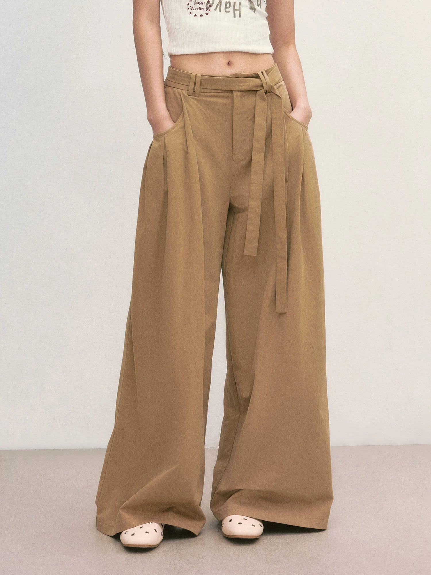 Khaki Tie-Waist Wide-Leg Pants