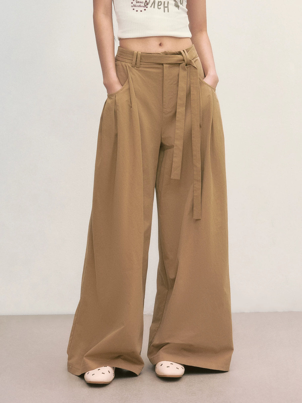 Khaki Tie-Waist Wide-Leg Pants