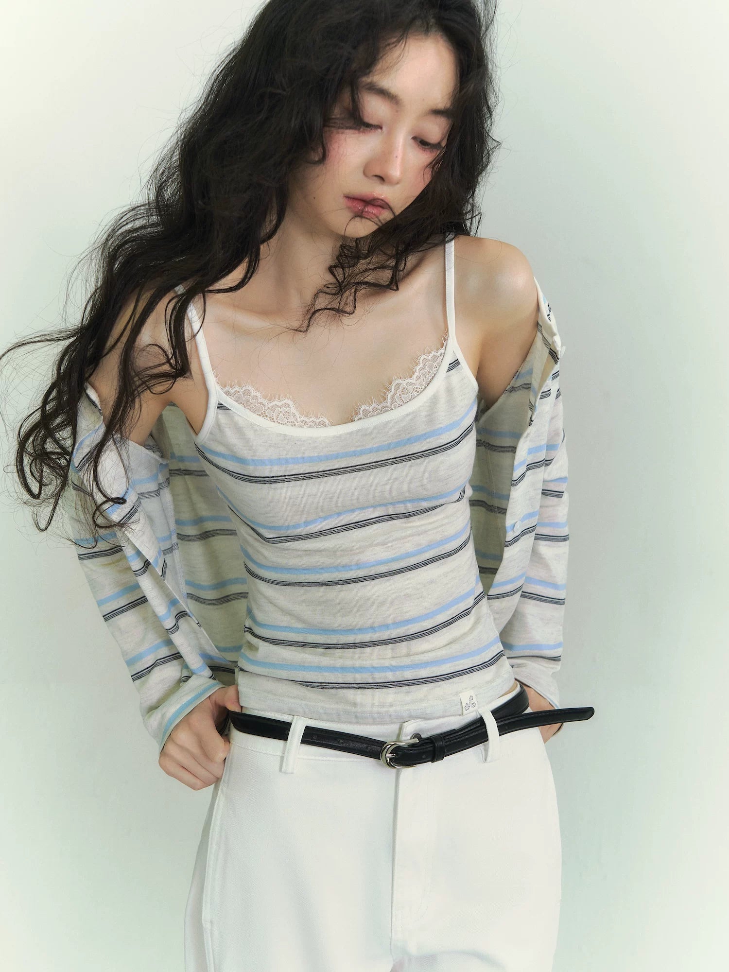 Lace Trim Stripe Cardigan Set