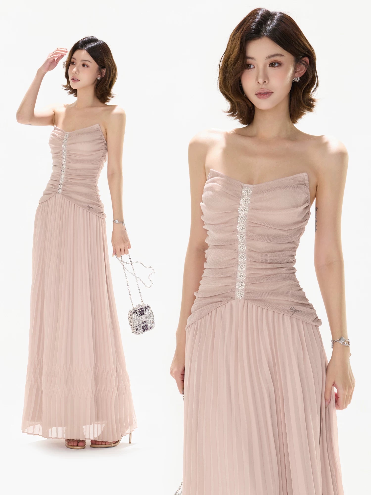 Pleated Mesh Maxi Dress