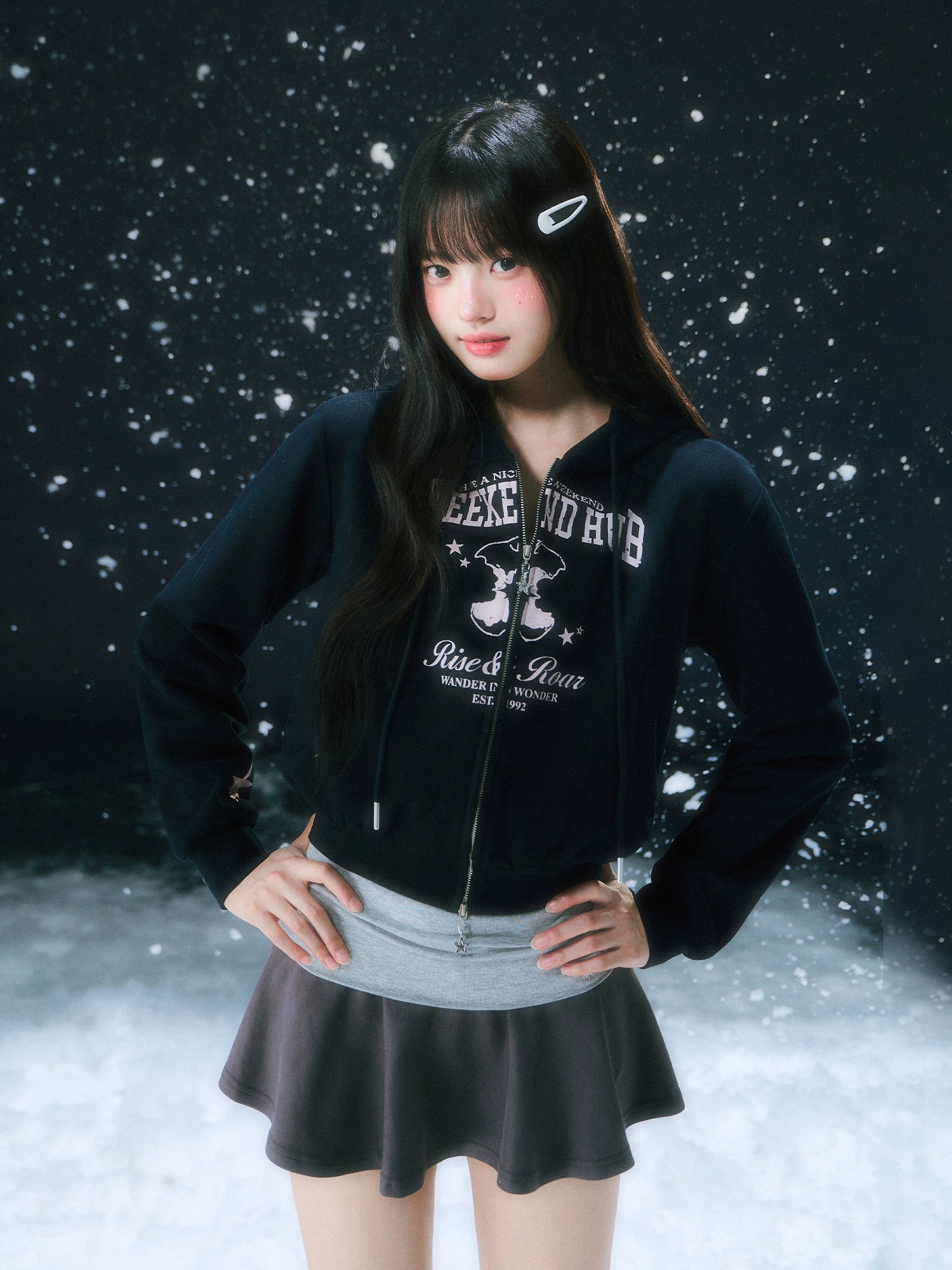 Navy Blue Retro Printed Cropped Hooded Sweatshirt