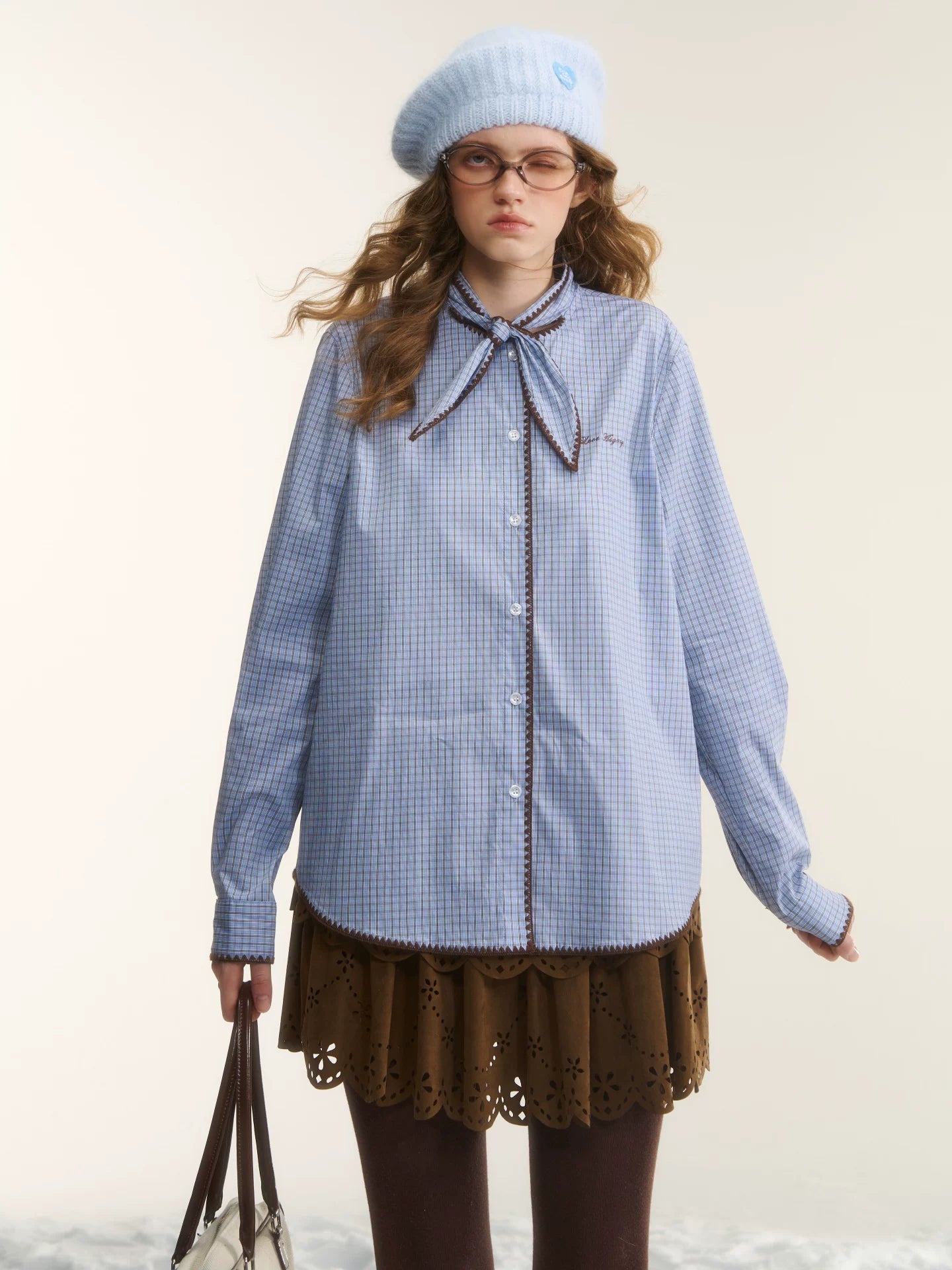 Vintage Contrast Plaid Embroidered Tie-Neck Shirt