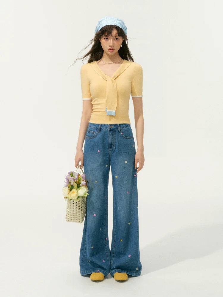 Embroidered High-Waisted Wide-Leg Pants