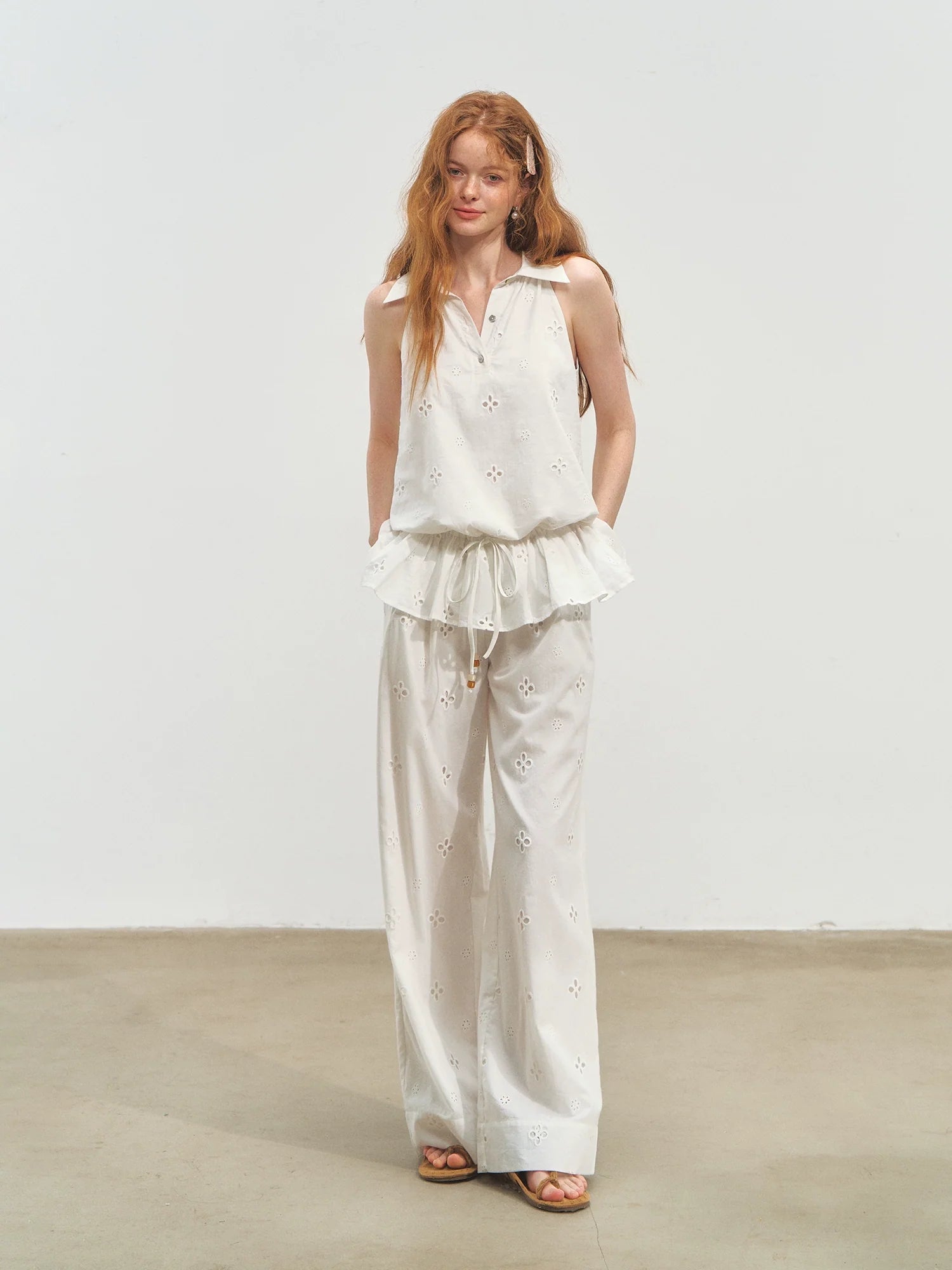 French-Style Printed Sleeveless Halter Tie-Up Top