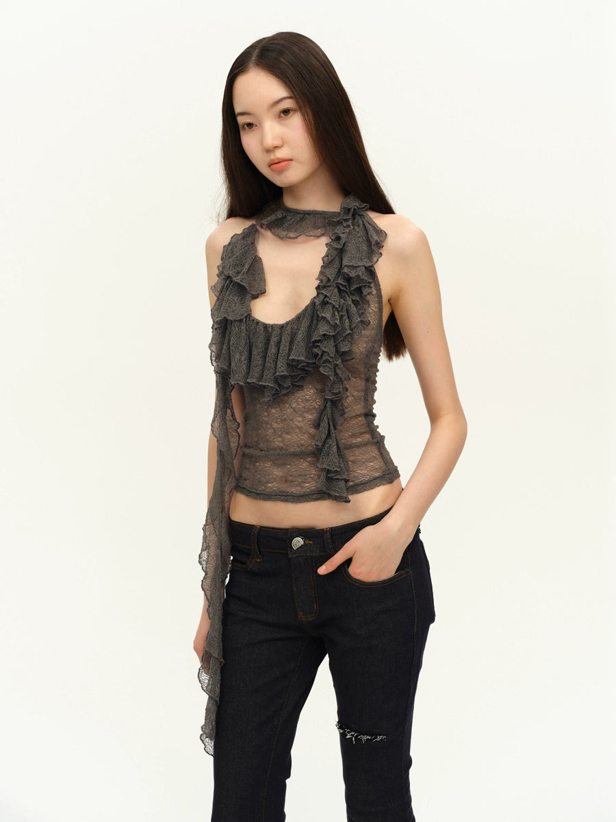 Two-Tone Lace Trim Halter Blouse