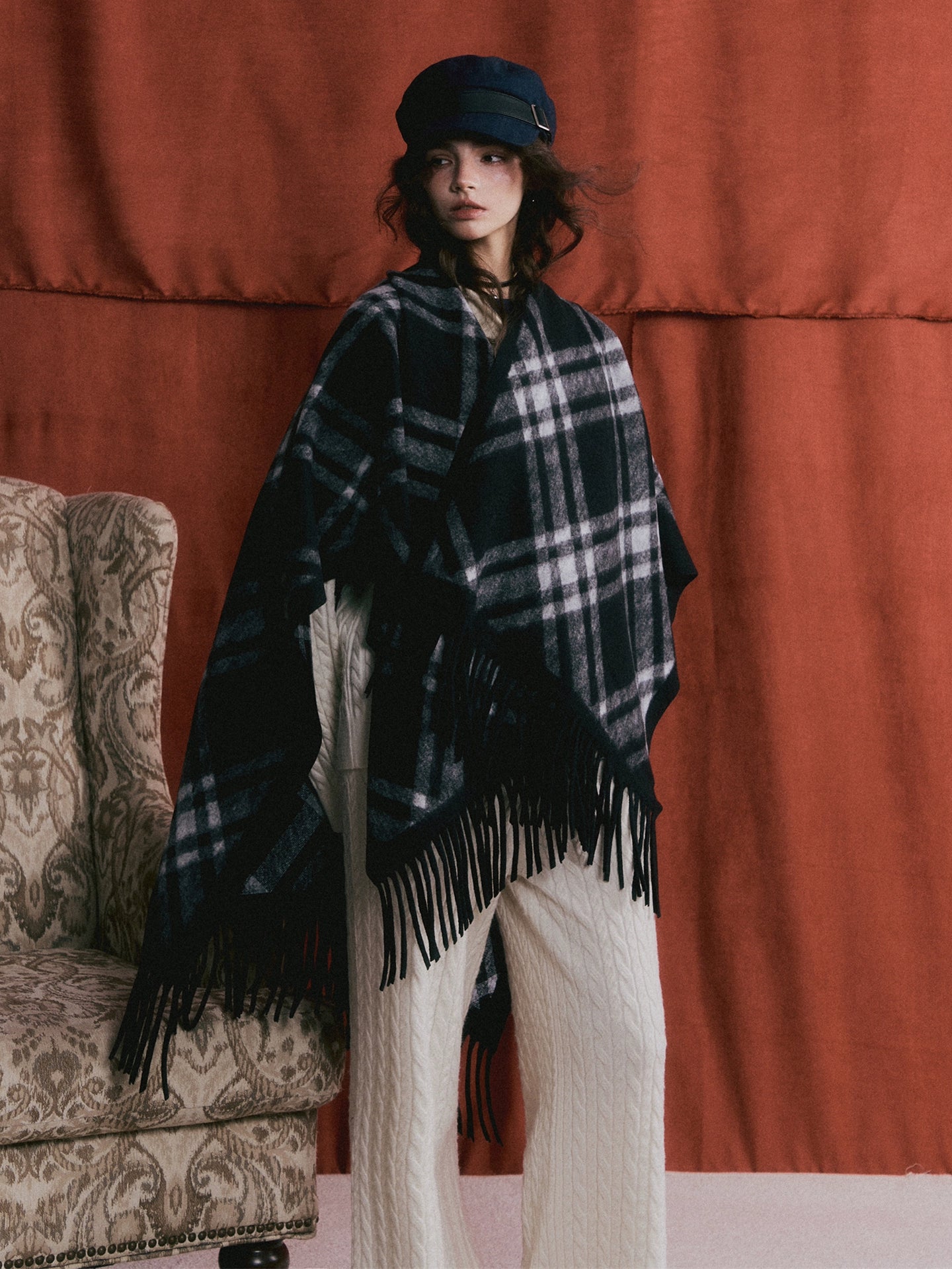 Retro Check Tassel Cape Scarf