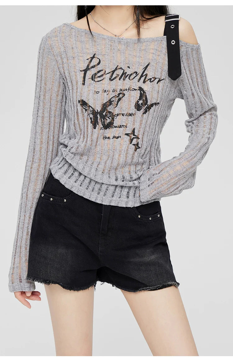Gray & Beige Hollow Off-shoulder Long Sleeve T-shirt