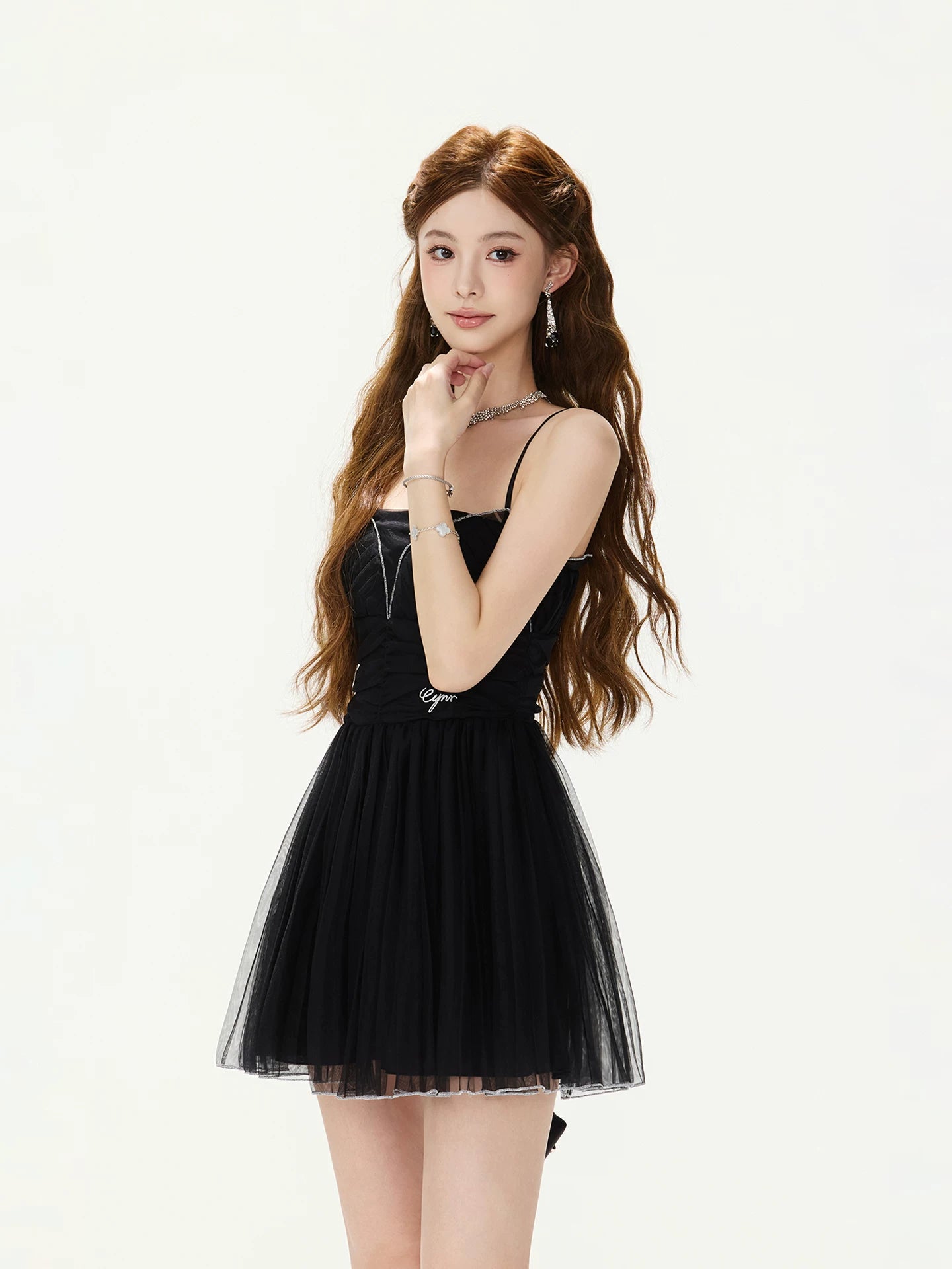 Black Ruched Mesh Mini Dress