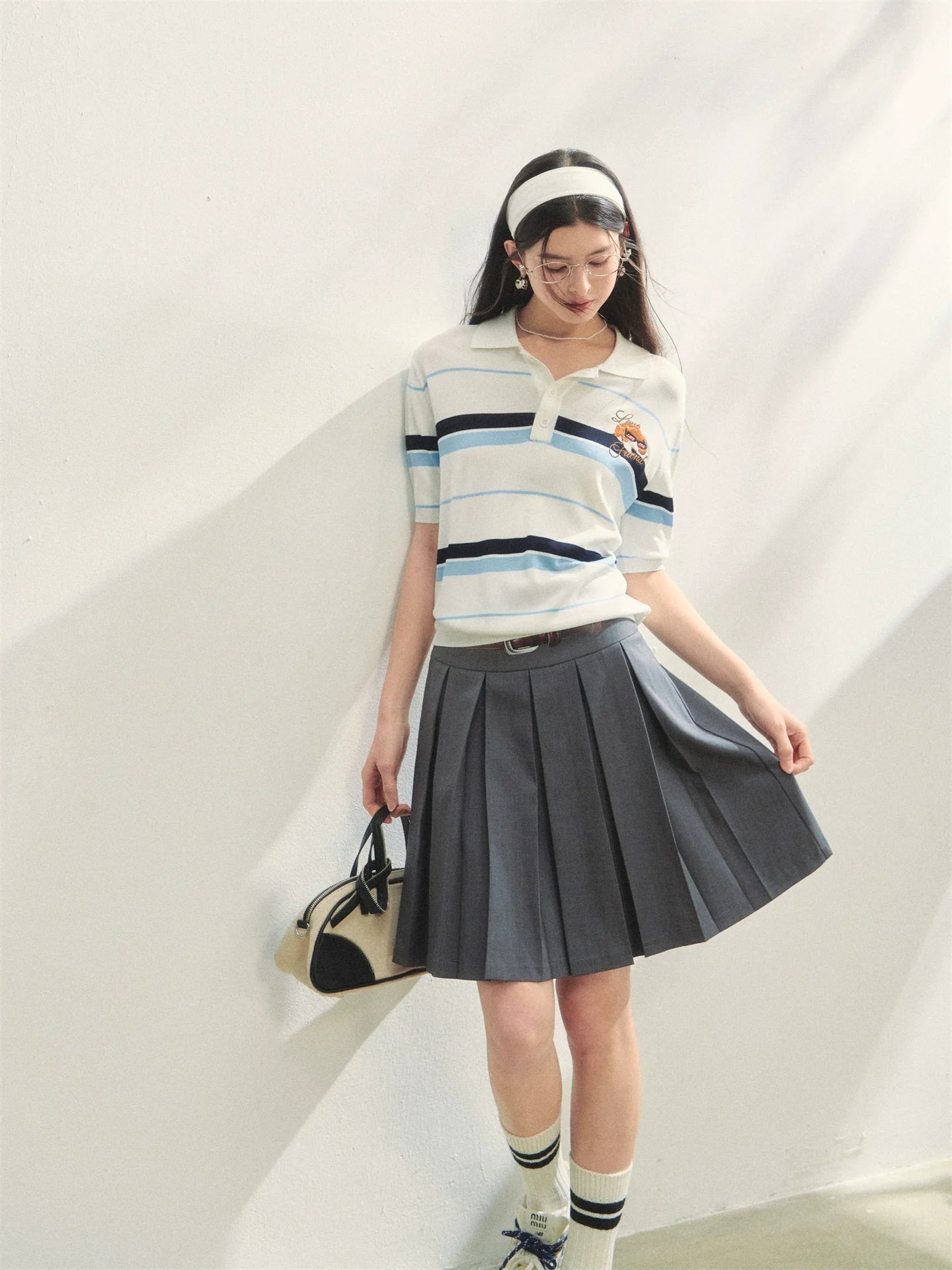 Fake Two-piece Printed Belted Pleated Skirt