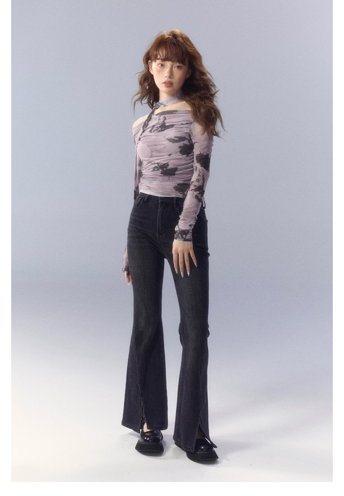 Purple Rose Printed Mesh Long Sleeve T-shirt