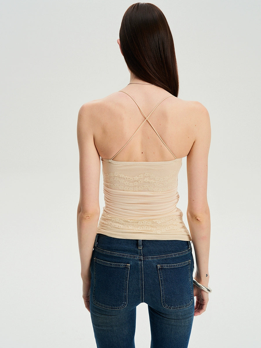 Beaded Strap Lace Splicing Acetate Cami Top
