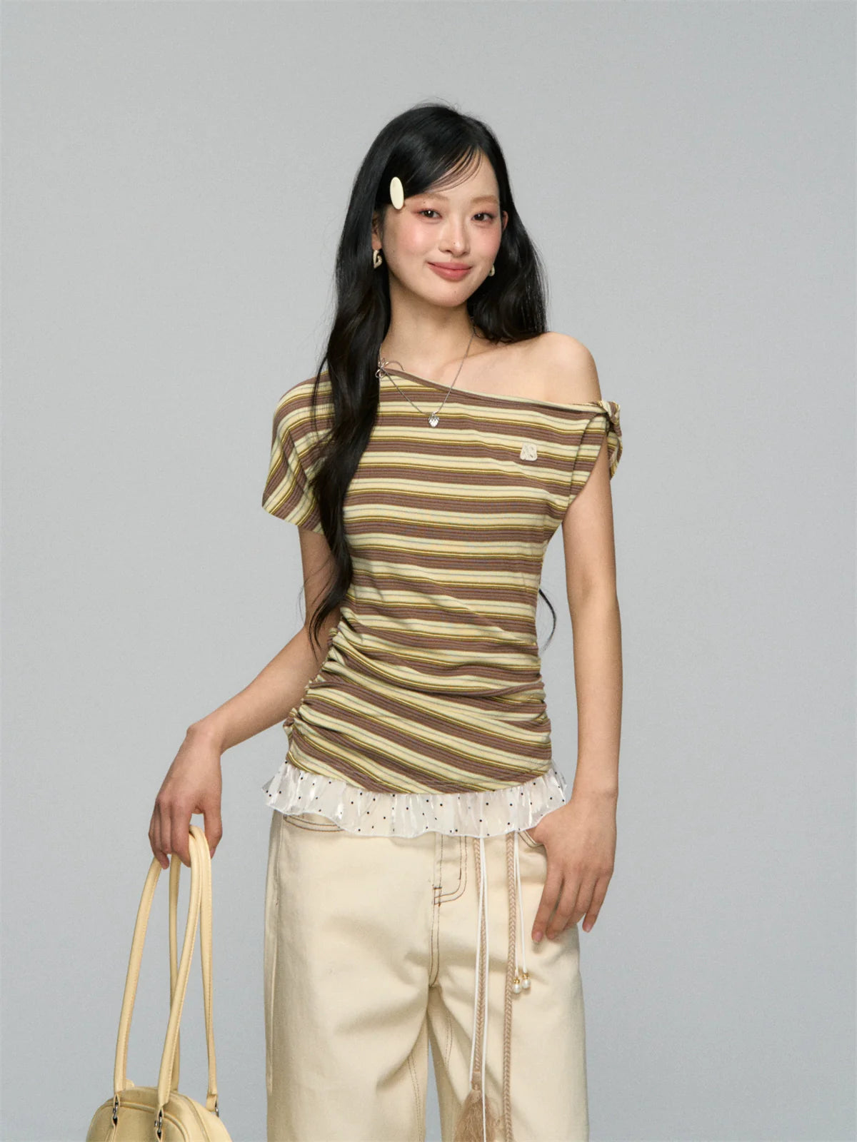 Striped Lace-Spliced Asymmetric-Shoulder T-shirt